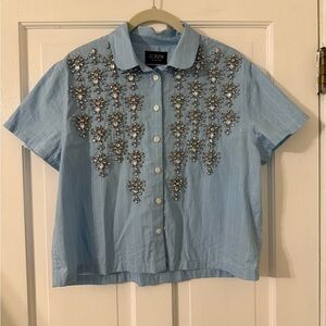 J.Crew Blue Bejeweled Classic Cropped Shirt